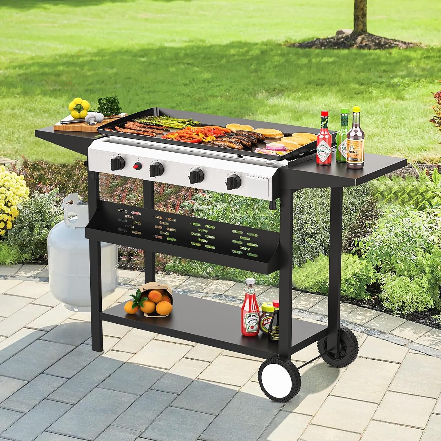 SKOK 4 Burner Gas Griddle- 30 Inch Outdoor Propane Griddle-Portable Flat Top Gas Grill Camping Griddle Station with Side Shelves for Kitchen, BBQ, Camping Tailgating