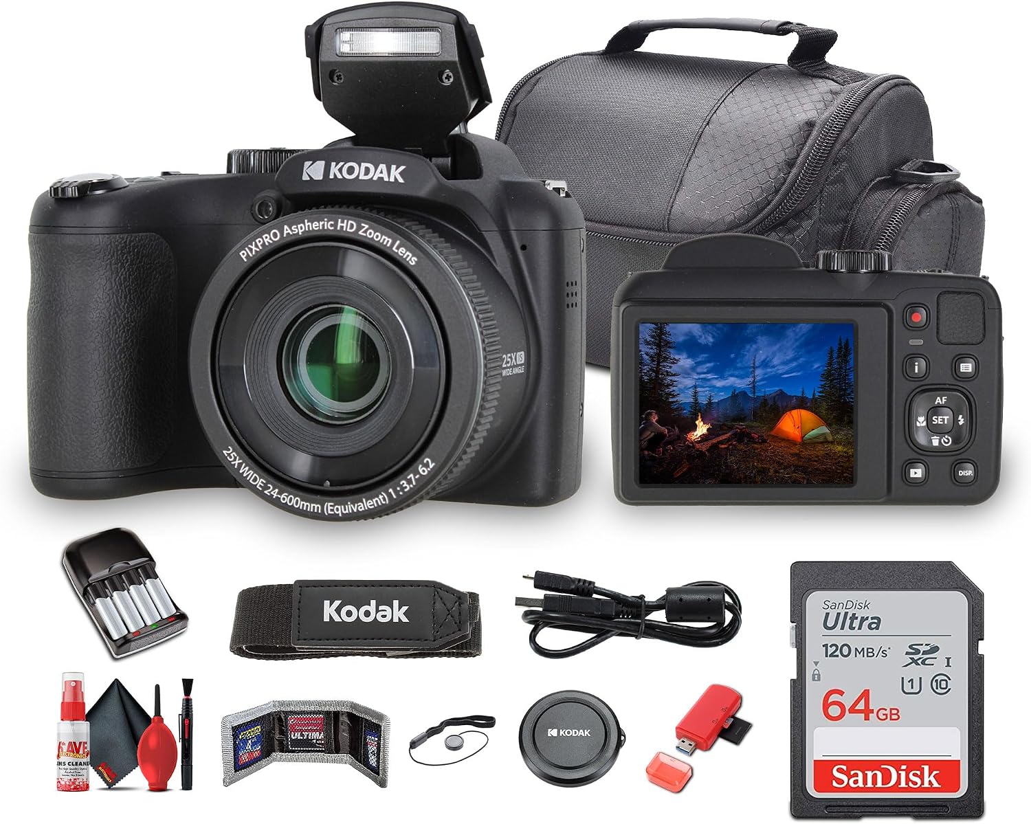 Kodak Pixpro AZ255 Digital Camera (AZ255BK) Bundle Including: 64 GB Memory Card, Rechargeable Batteries, Case, Neck Strap, Lens Caps, Full Cleaning Kit, Card Reader, Card Wallet, USB Cable, Cap Keeper