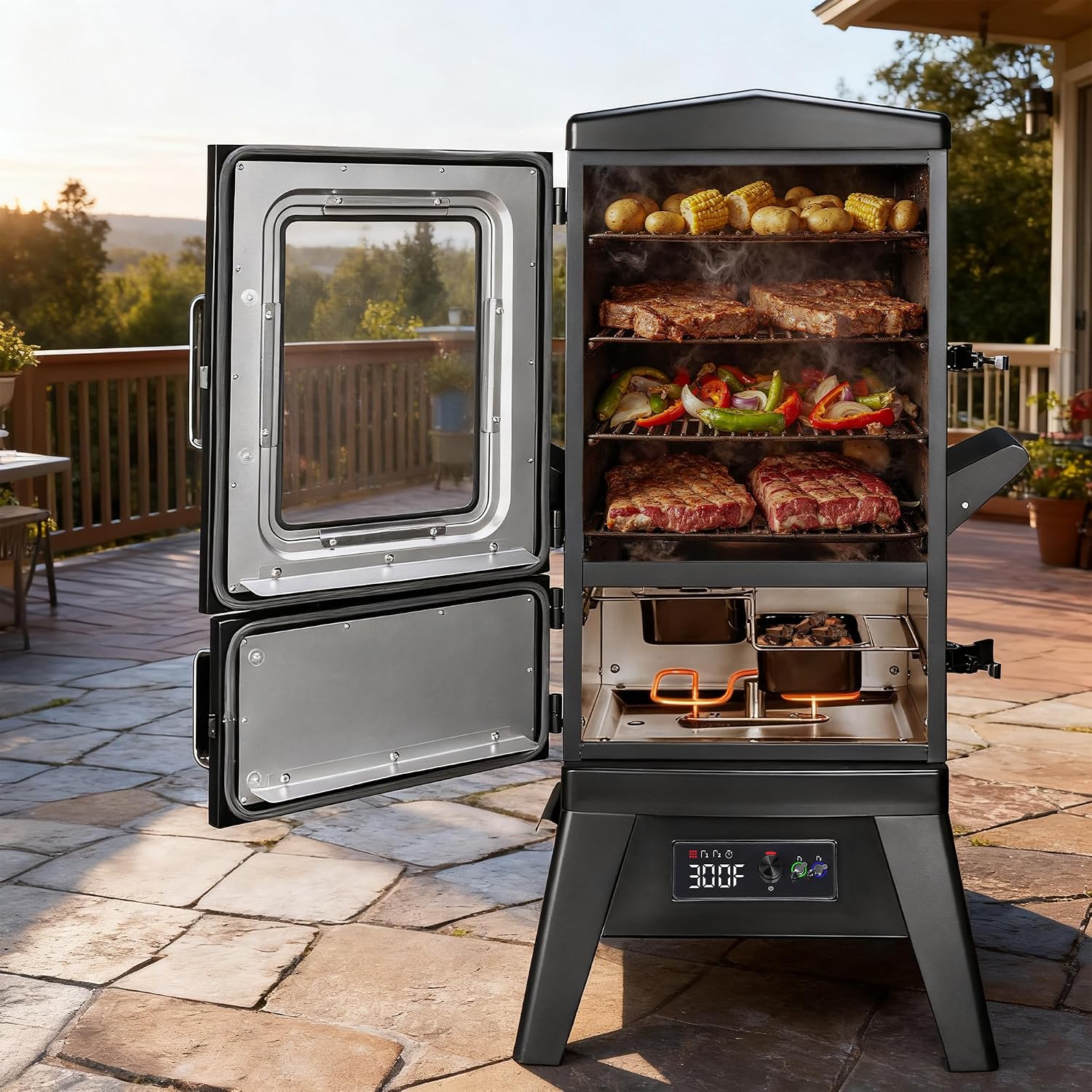 Vertical Electric Smoker with Cover & Meat Probe, BBQ Smokers with 4 Cooking Grates, 633 Sq.in Cooking Space, LED Temperature Control for Outdoor Cooking,Smoke Ribs,Brisket,Chicken