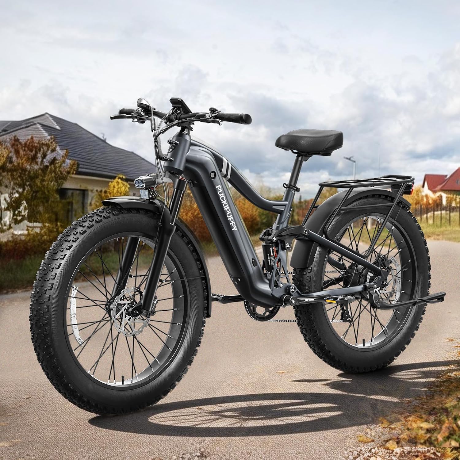 PUCKIPUPPY Boxer Electric Bike for Adults 960W, 48V 20AH Battery Ebike, Full Suspension 26' Fat Tire E Bike, 28MPH 80Miles Range Mountain Electric Bicycle, 7 Speed Hydraulic Disc Brakes