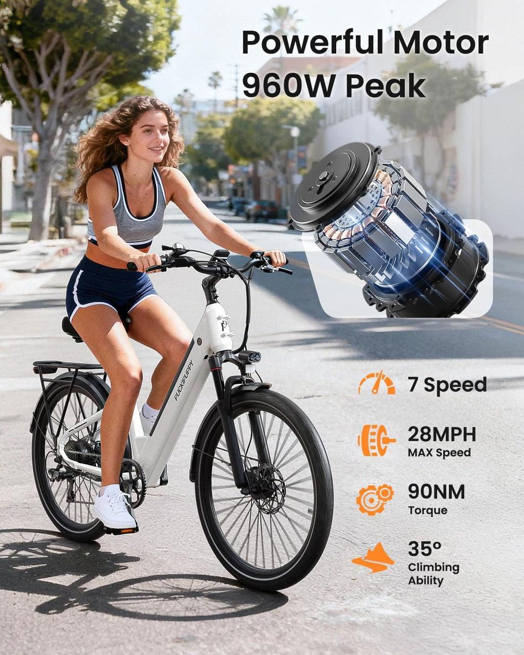 PUCKIPUPPY Electric Bike for Adults 960W, 28MPH 75Miles Commuting Electric Mountain Bike, 48V15AH Removable Battery Adult Electric Bicycles 7-Speed, Poodle Ebike