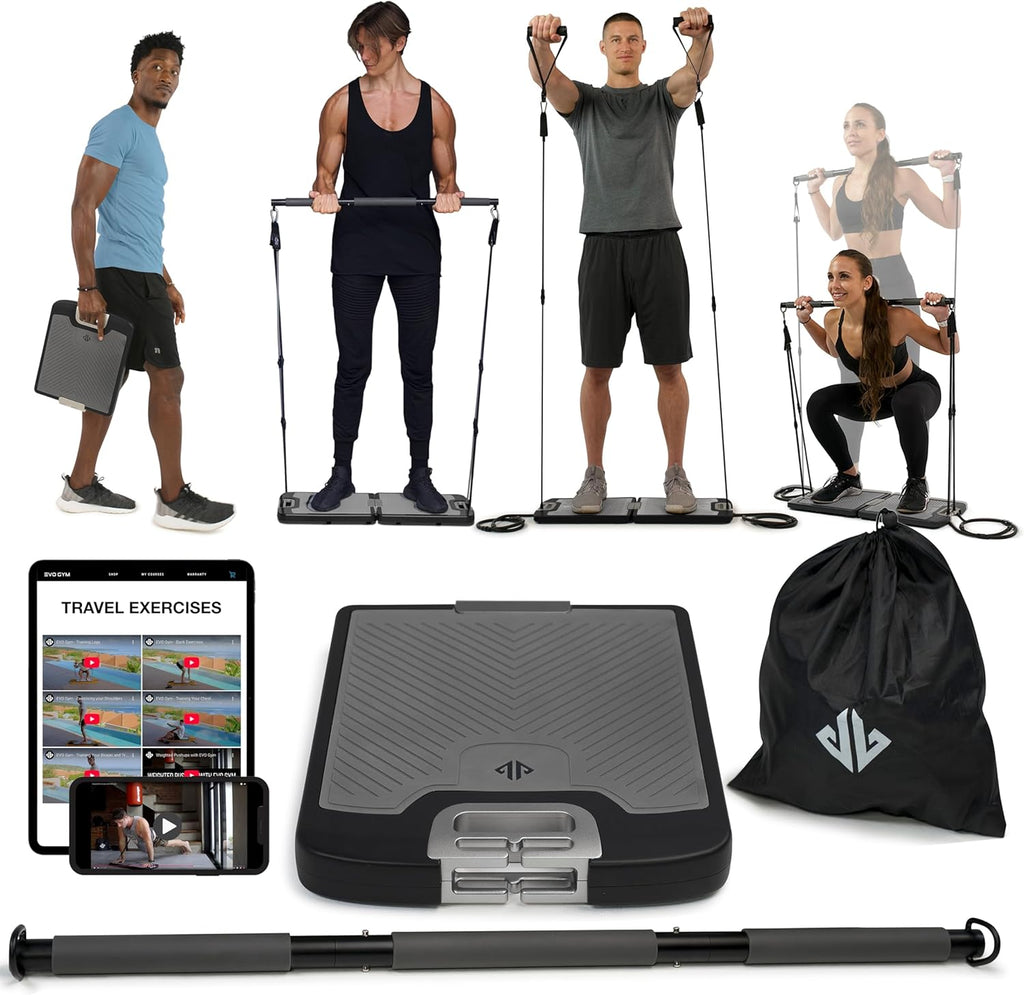 EVO Gym - Portable Home Gym Strength Training Equipment, At Home Gym | All in One Gym - Resistance Bands, Base Holds Gym Bar & Handles for Travel | Portable Gym & Home Exercise Equipment
