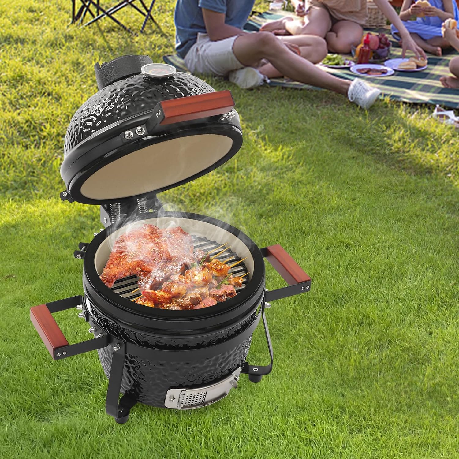 13' Ceramic Charcoal BBQ Grill, High-Temperature Insulated Dome, 12.6' Cooking Tray Outdoor Barbecue Cooker, Portable Freestanding for Restaurant, Camping, Family Gatherings