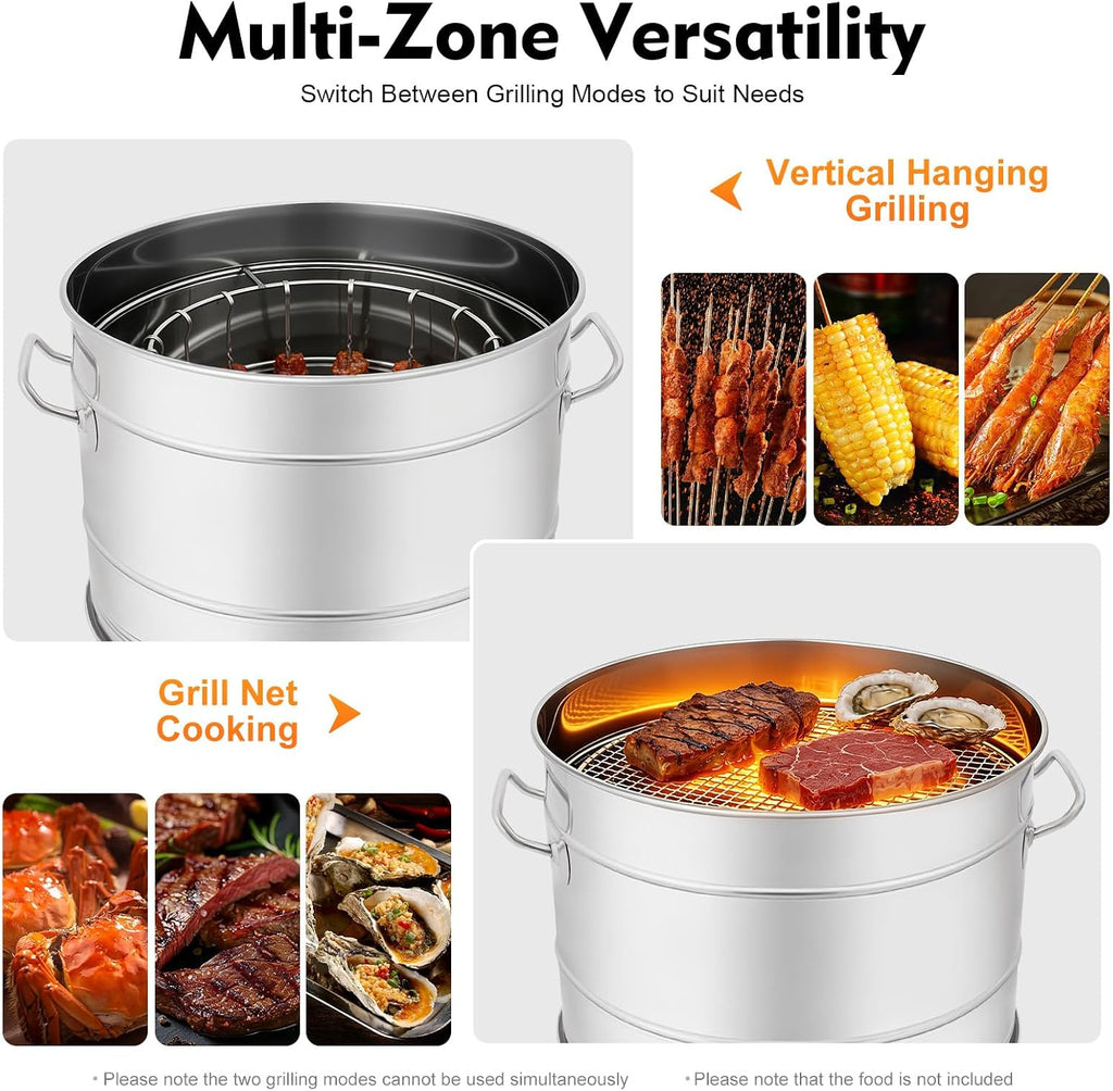Large Portable Charcoal Grills, Stainless Charcoal BBQ Grill Barrel, 360° Automatic Smokeless Outdoor Barbecue Grill for Travel, Outdoor Cooking and BBQ, Camping Grill Picnic Patio Backyard