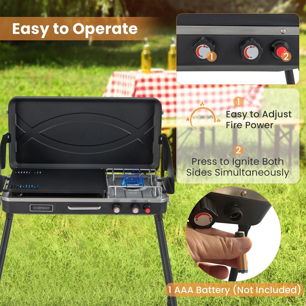 HAPPYGRILL Portable Camping Stove, 2-Burner Propane Grill Cooker with Removable Leg Stand, Roast Grill, Dual Control Knobs, Wind Guards, Outdoor Gas Grill for Camping BBQ Picnic (Black)