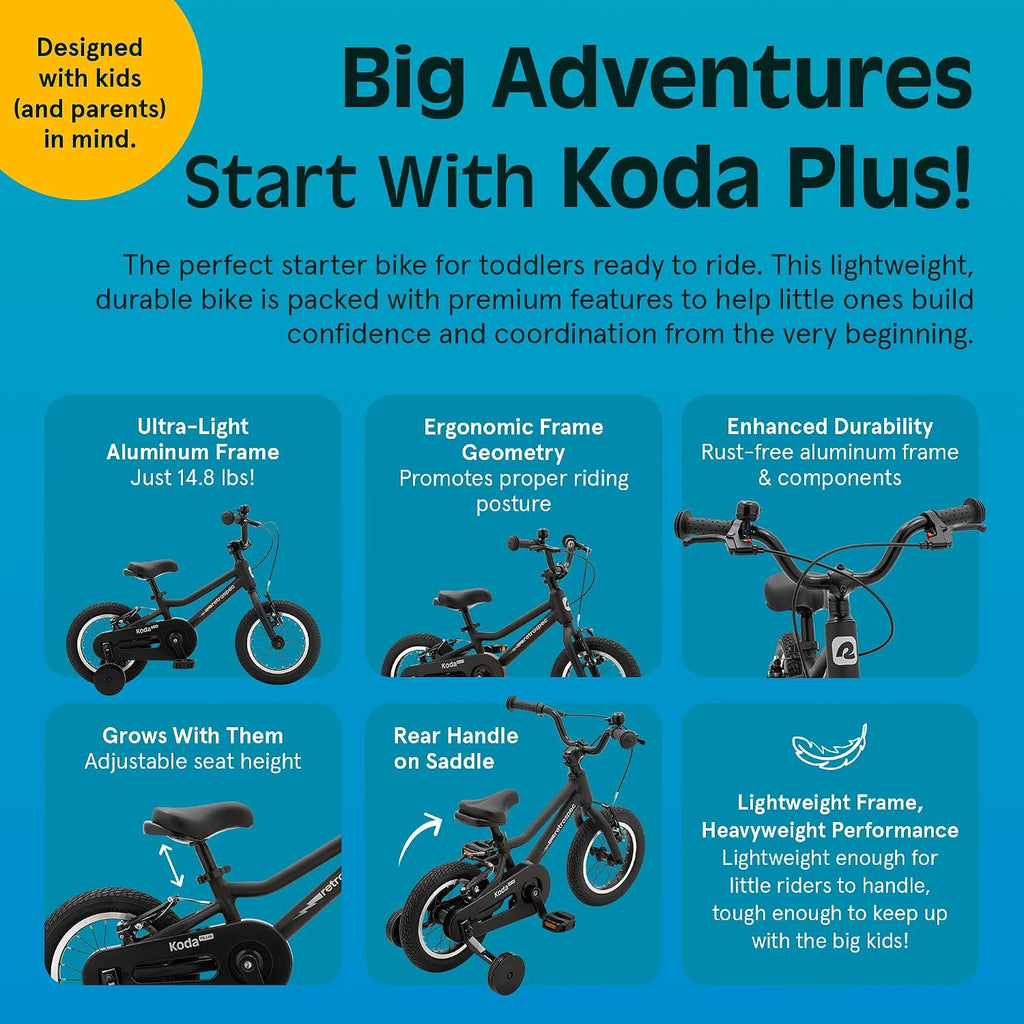 Retrospec Koda Plus Kids Bike for Boys & Girls Ages 2-3 Years - Children's Bicycle, Adjustable Seat & Handlebars, Removable Training Wheels, Front Hand Brakes, Rear Coaster Brake & Safety Bell