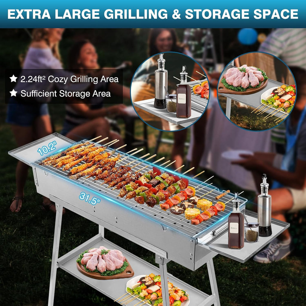 IRONWALLS Portable Charcoal Grill Outdoor Cooking, 32'L x 10'W Folded Camping Barbecue Grill with Storage Shelf, Metal Kebab Skewers, Rectangular Lamb Skewer Grill for Backyard Party Picnic Travel