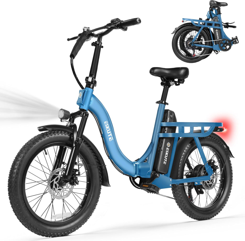 ESKUTE Electric Bike for Adults – 1200W Peak Motor, Folding 20x3 Fat Tire E‑Bike, 48V 10.4Ah Battery, Step‑Through Cargo Fold Ebike, NFC Unlock, 28 MPH, 7‑Speed, Up to 55 Miles