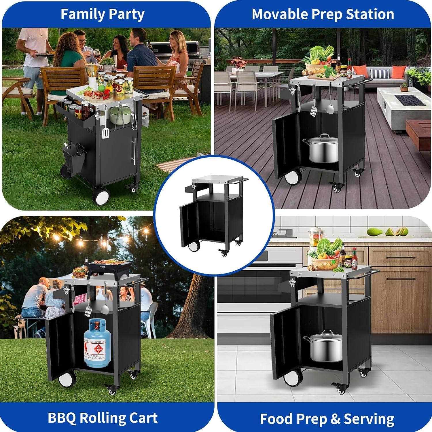 Outdoor Grill Cart with Storage, Stainless Steel Top, Movable Patio Kitchen Island, Rolling BBQ Cart, Dining Serving Cart for Family Party, Food and Others Prep Station, Black