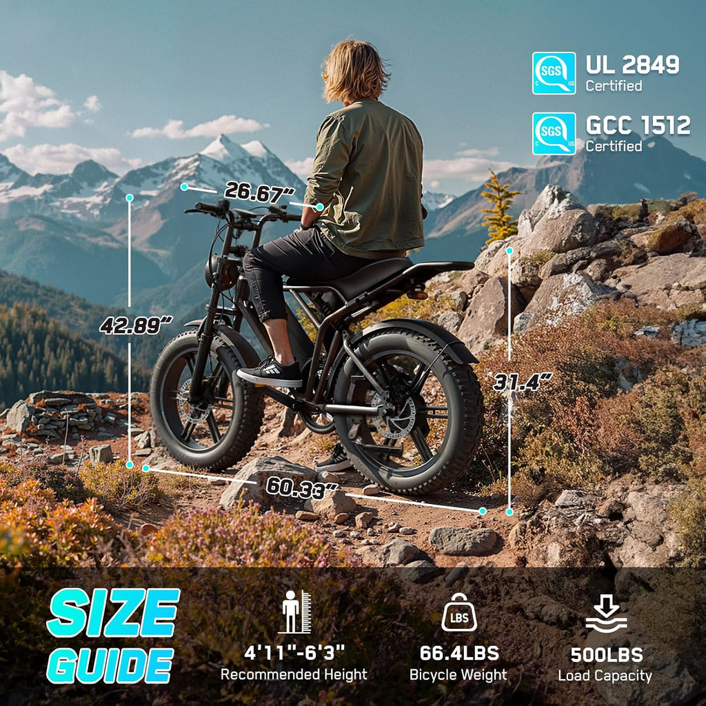 TST Electric Bike for Adults, 1500W Peak Motor 60/100 Miles Fat Tire Ebike with 48V 15Ah/25Ah Removable Battery 20' Fat Tire Electric Dirt Bike Full Suspension and 7-Speed