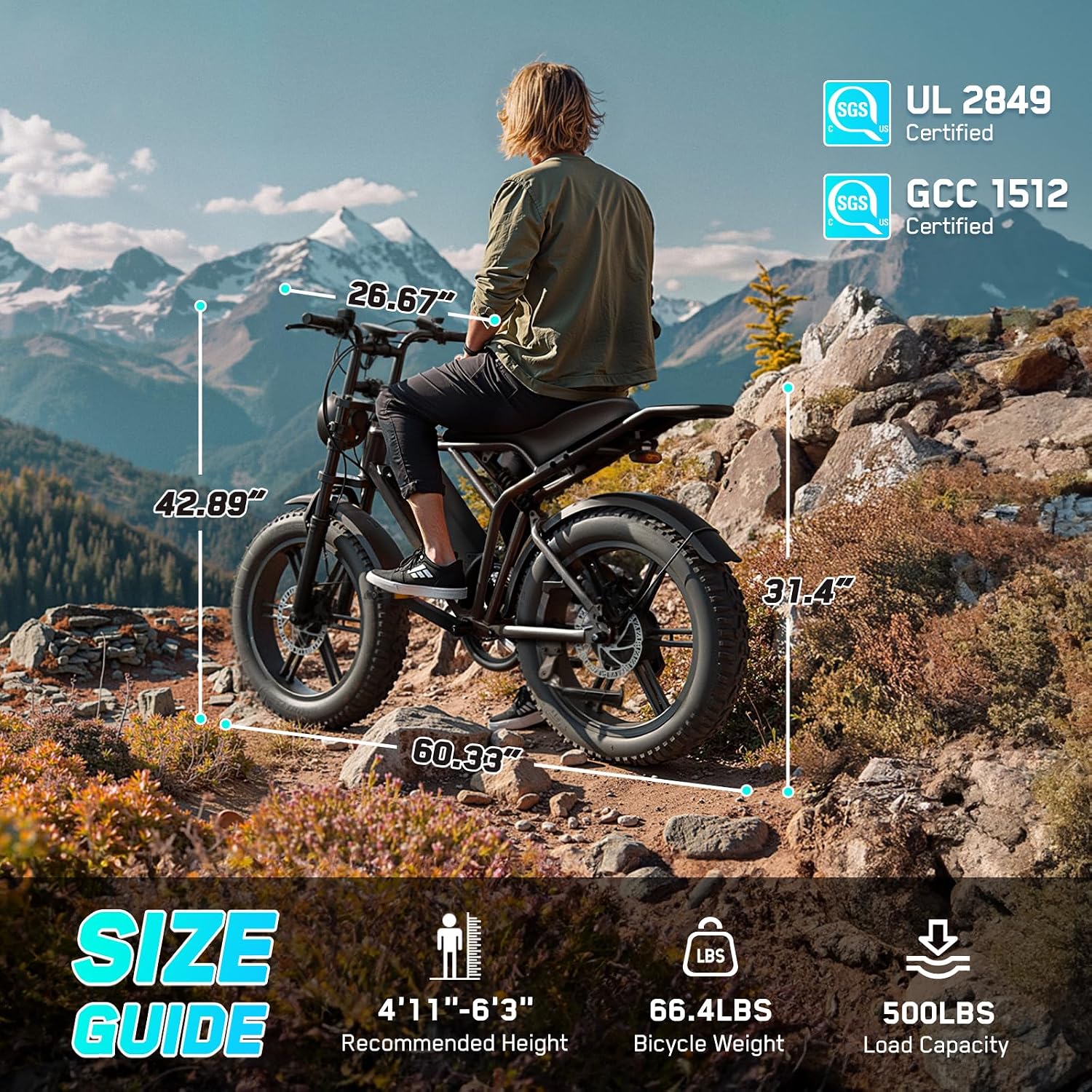 TST Electric Bike for Adults, 1500W Peak Motor 60/100 Miles Fat Tire Ebike with 48V 15Ah/25Ah Removable Battery 20' Fat Tire Electric Dirt Bike Full Suspension and 7-Speed