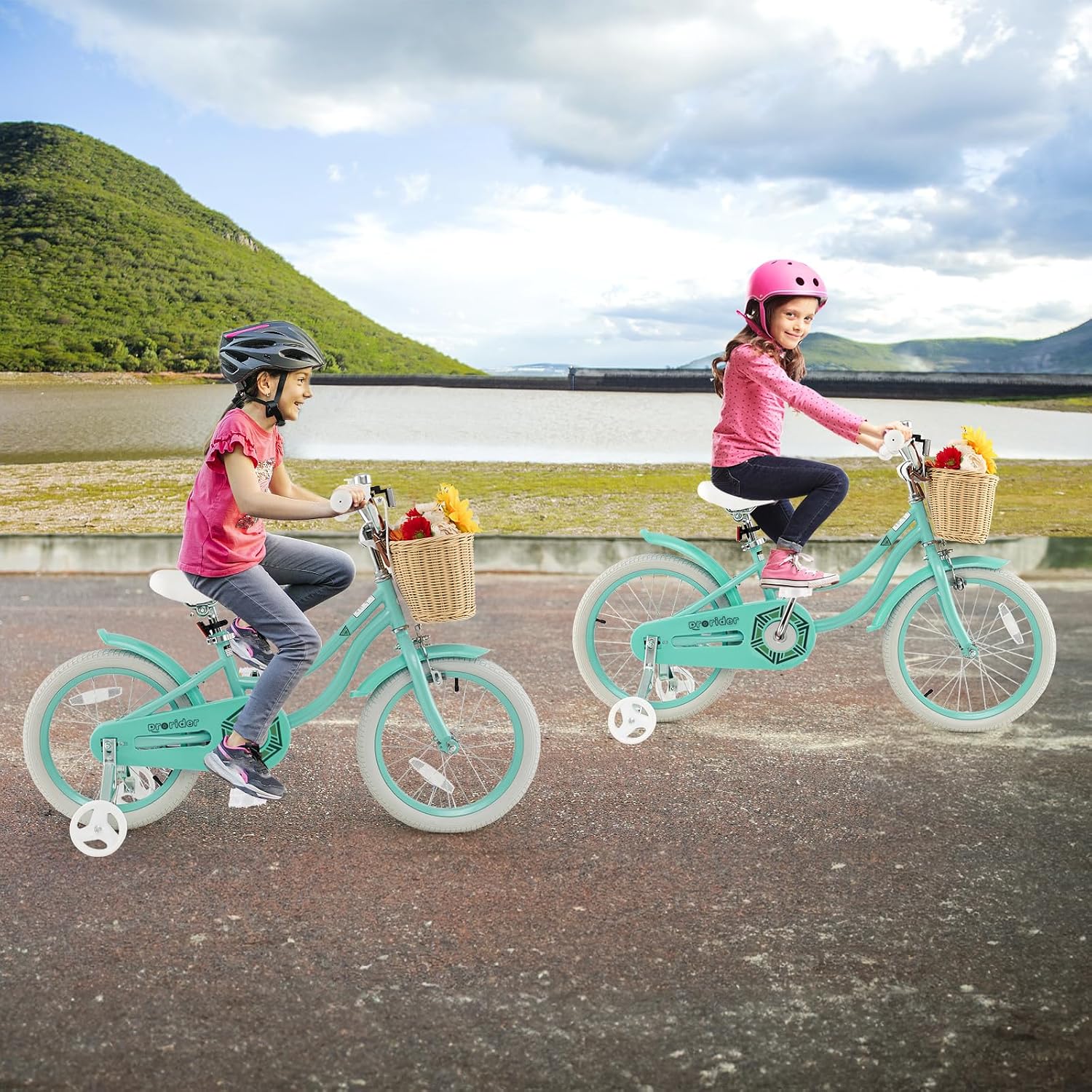 BABY JOY Kids Bike, 14 16 18 Inch Retro Kids Bicycles for 3-8 Years Old Children with Training Wheels, Adjustable Height, Rattan Basket, Handbrake & Coaster Brake, Boys Girls Bike (Pink, Green, Blue)