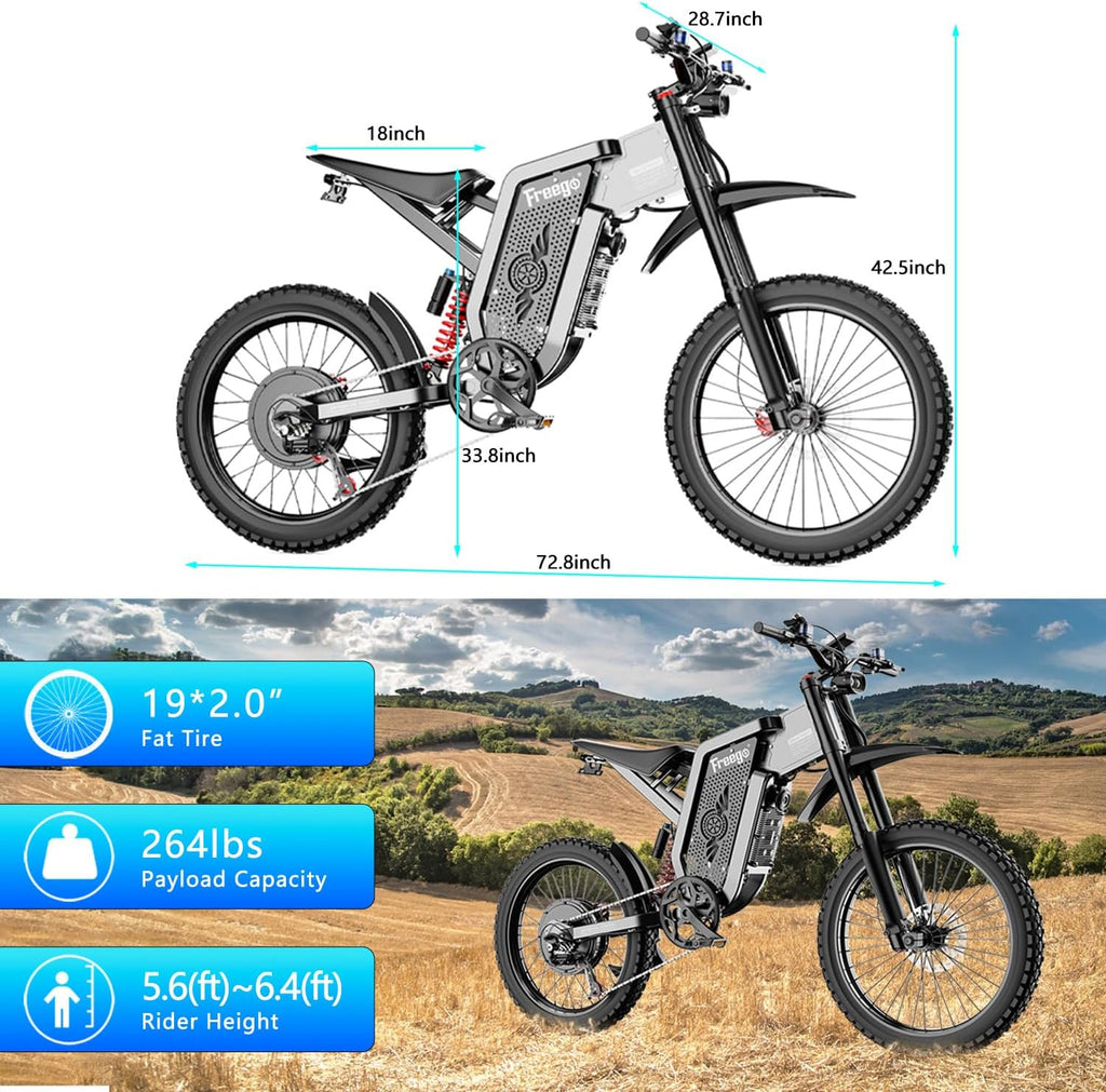 Freego X2 Electric Motorcycle for Adults, Electric Dirt Bike 6000W Motor 60V 30Ah Removable Battery, Max 50Mph, 19' x2' Tire Full Suspension/Hydraulic Brake,UL2849 and UL2271 Certifications