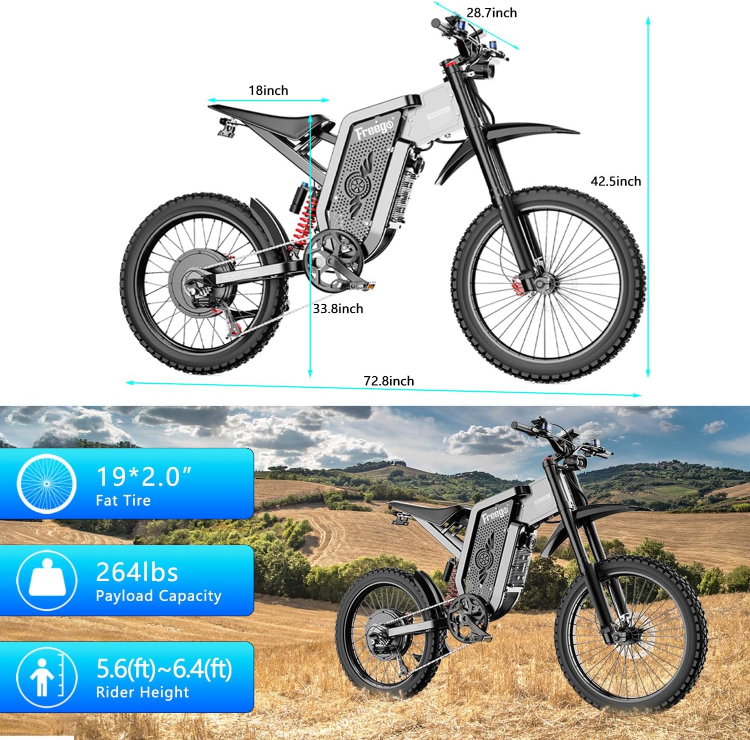 Freego X2 Electric Motorcycle for Adults, Electric Dirt Bike 6000W Motor 60V 30Ah Removable Battery, Max 50Mph, 19' x2' Tire Full Suspension/Hydraulic Brake,UL2849 and UL2271 Certifications