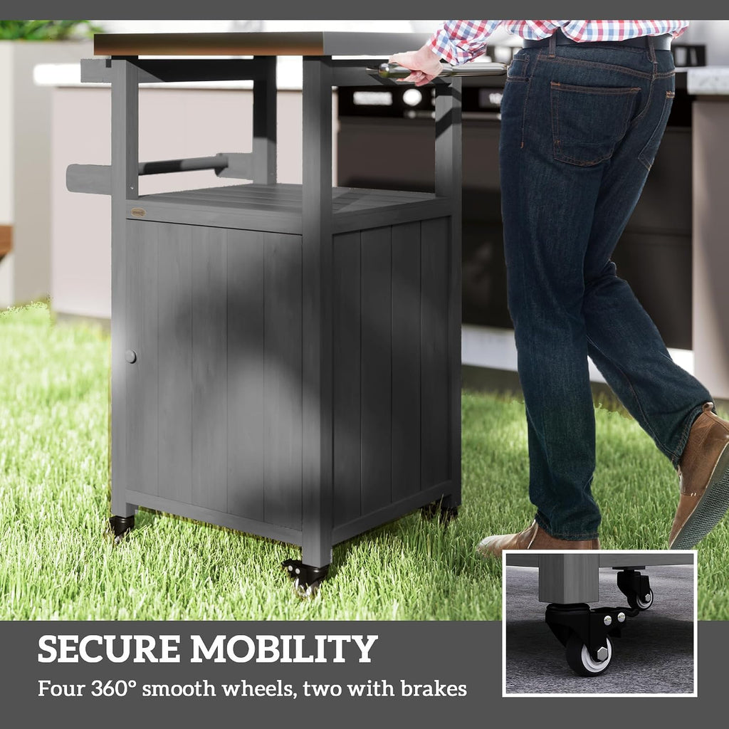 Outsunny Outdoor Grill Cart with Wheels, Stainless Steel Top, Solid Wood Outdoor Kitchen Island with Storage Cabinet, Integrated Hole, Movable Bar Cart with Spice Rack, Side Handle for BBQ, Dark Gray
