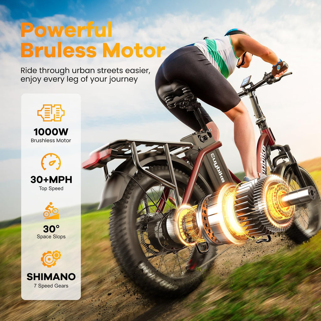 EUYBIKE Folding Electric Bike for Adults with Peak 1000W Motor, 48V 20AH Battery up to 80 Miles, 20' Fat Tire All Terrain Ebike, Front Suspension 7-Speed Commuter E Bike, Step-Thru, UL Certified