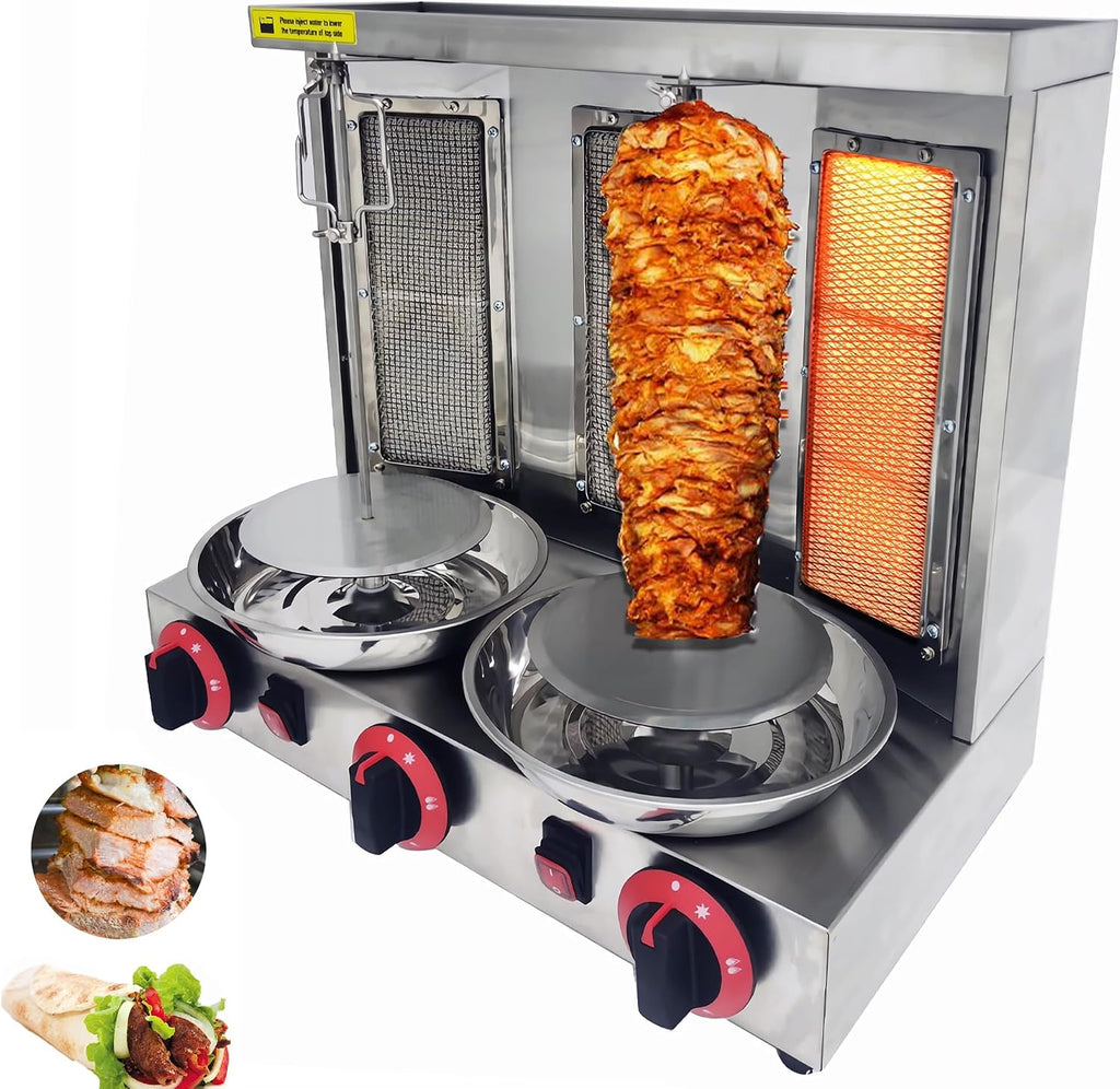 INTSUPERMAI Shawarma Grill Machine LP Gas Doner Kebab Machine Vertical Broiler Gyro Machine Meat Roasting Machine with 3 Burners Countertop Rotating Doner Kebab Oven for Home Commicial Restaurant Use