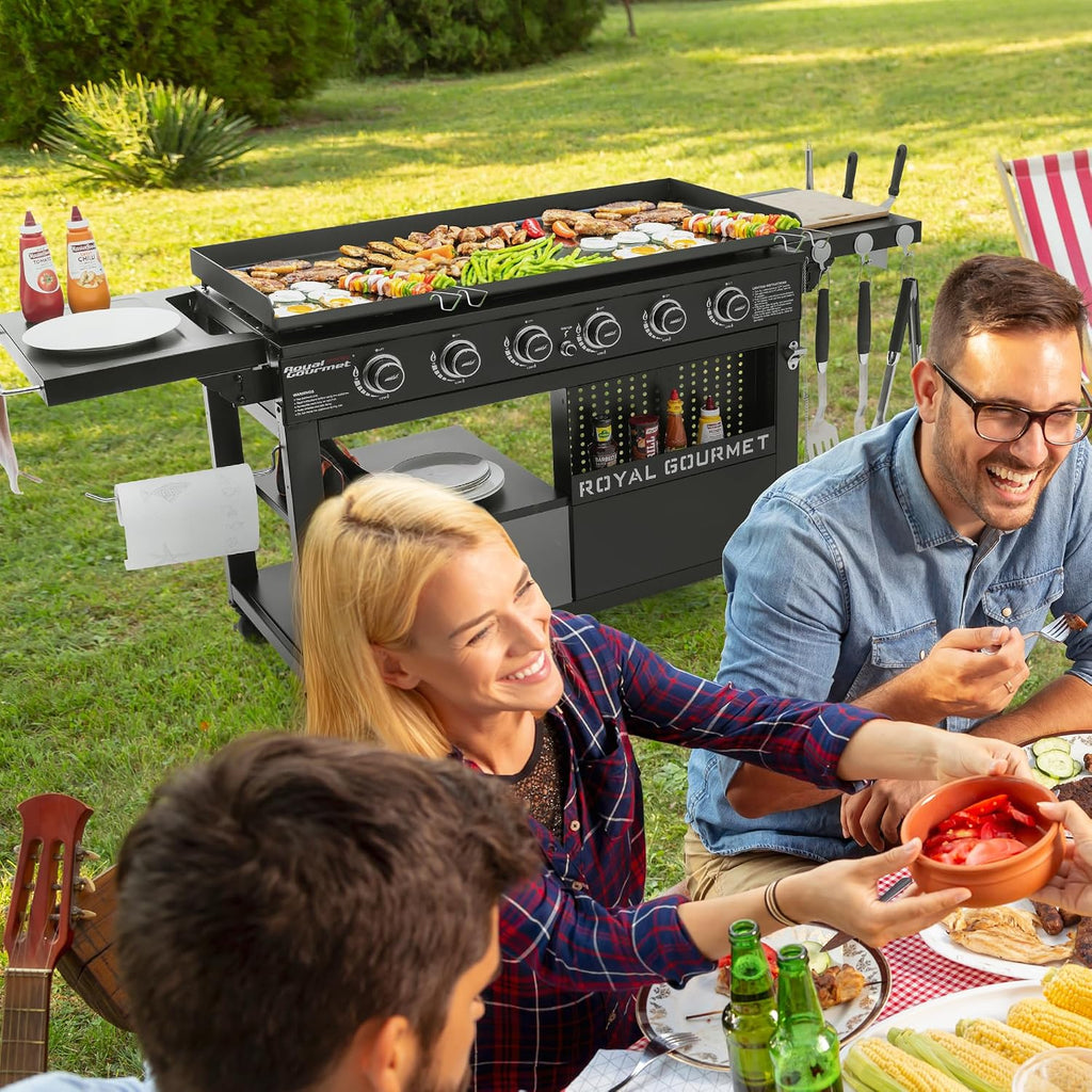 Royal Gourmet GB6000 6 Burner Propane Gas Griddle with Folding Side Tables, 44-Inch Flat Top Grill with Double-Layer Bottom Shelves for Outdoor Party or Backyard Barbecue, Black