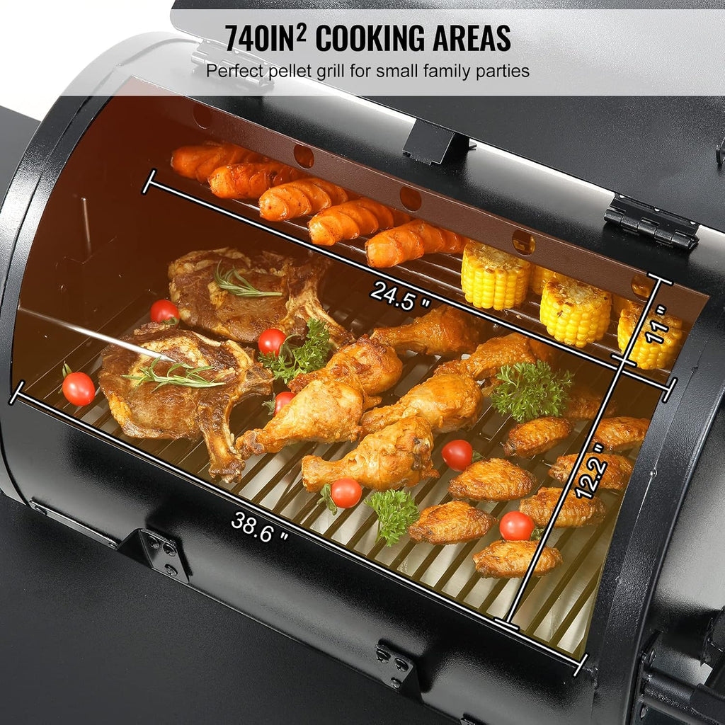 VEVOR Smoker Grill, Portable Wood Pellet Grill with Cart, 8 IN 1 BBQ Grill with PID Temperature Control for Outdoor Cooking, Barbecue Camping, Picnic, 730 sq, Patio and Backyard, Black