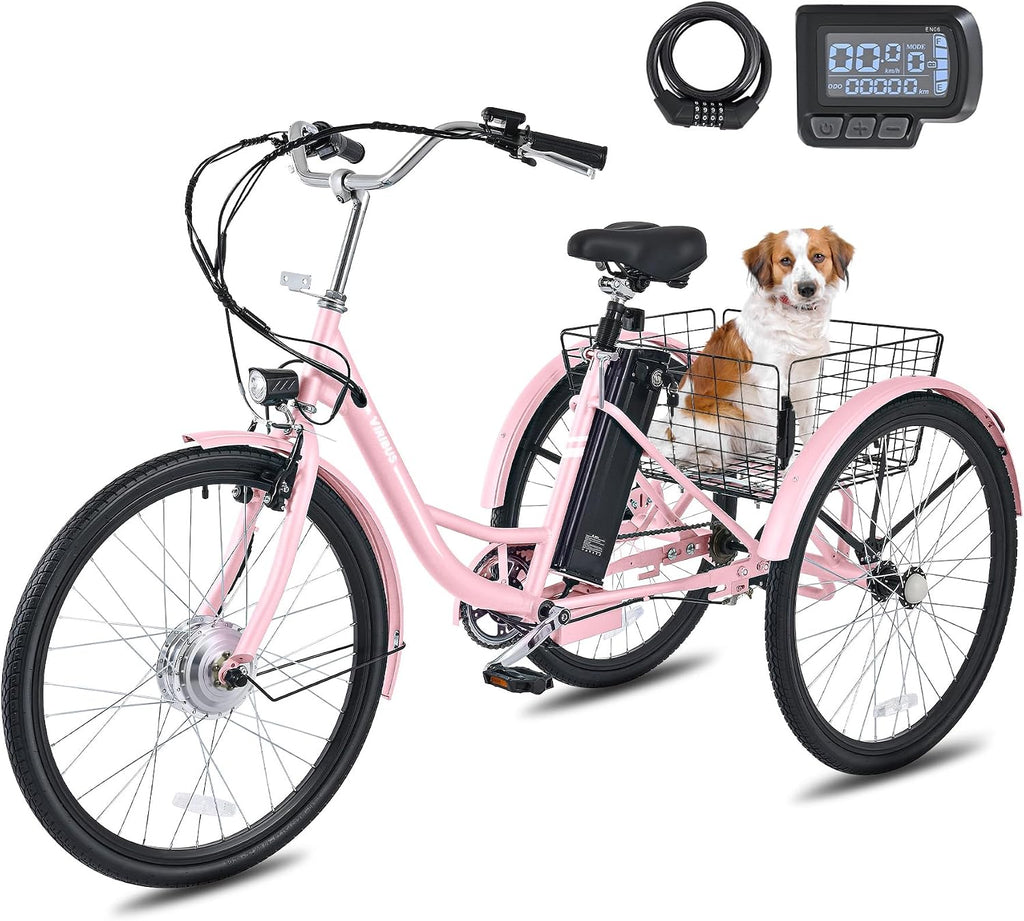 VIRIBUS Electric Tricycle for Adults, 24 26 inch Electric Trike with 468Wh Removable Battery, 250W/350W(Peak 500W) 3 Wheel Electric Bikes for Seniors, Motorized Adult Tricycles Women Men 330 lb.