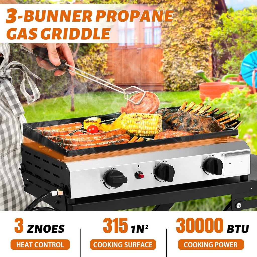 Outvita 3 Burner Foldable Propane Griddle with Wheels & Enameled Tray, 30000 BTU Portable Flat Top Gas Grill with Electronic Ignition & Regulator for Outdoor Cooking Camping BBQ Tailgating Picnicking