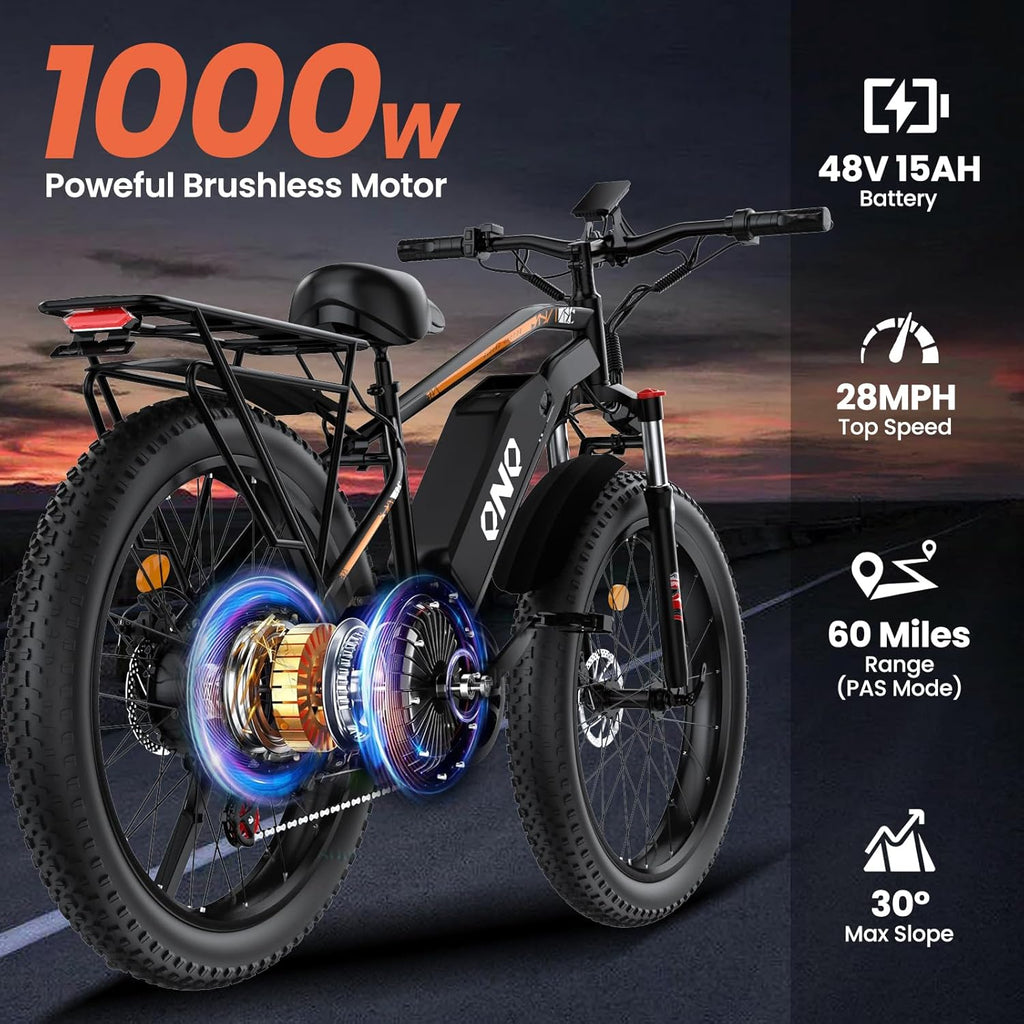 Fat Tire Electric Bike for Adults - 1500W Peak Motor, 48V 15Ah Fast Electric Mountain Bike,20MPH & 60 Miles Long Range Ebike,26' All Terrain E-Bike for Men Women w/ Lockable Suspension & 7 Speed Gears