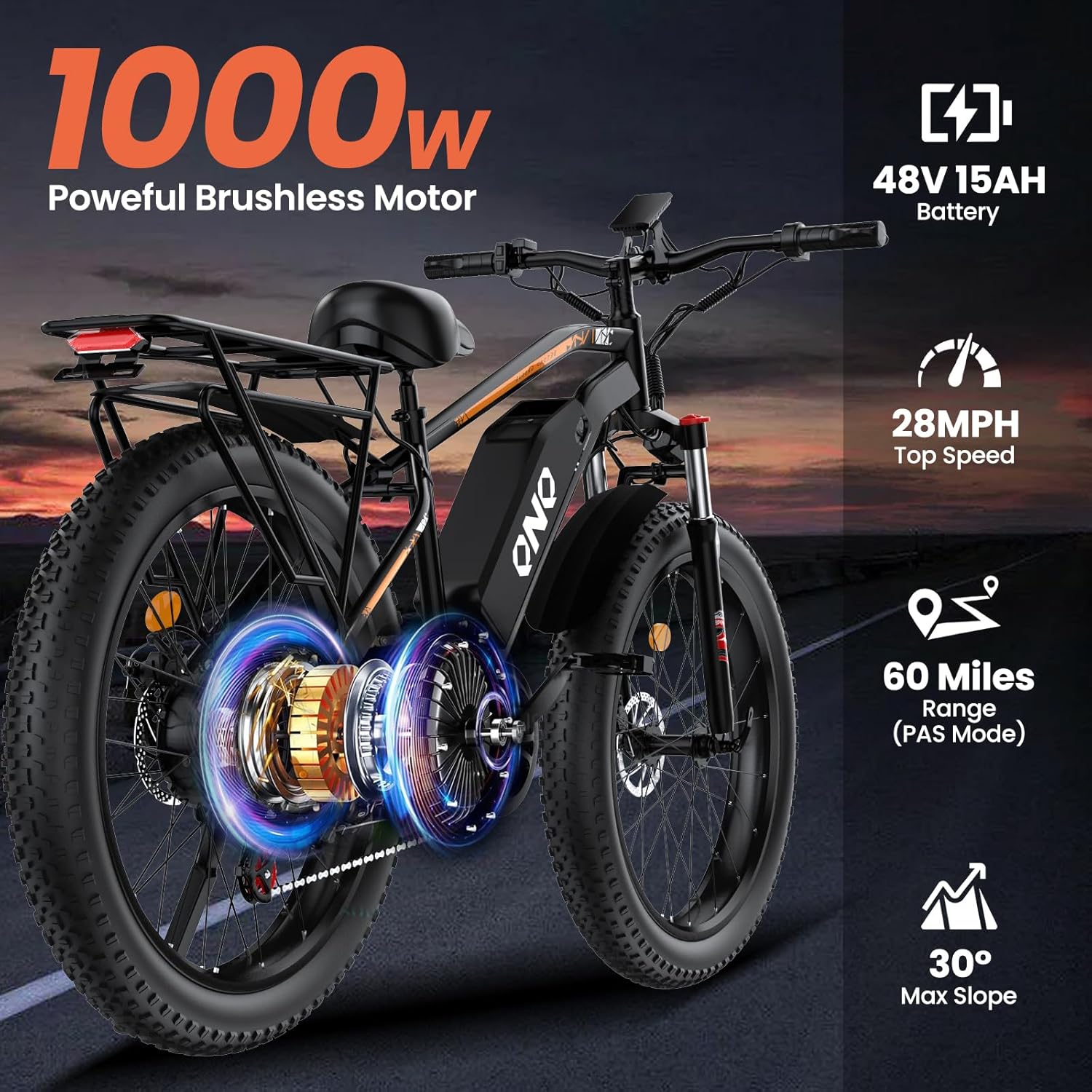 Fat Tire Electric Bike for Adults - 1500W Peak Motor, 48V 15Ah Fast Electric Mountain Bike,20MPH & 60 Miles Long Range Ebike,26' All Terrain E-Bike for Men Women w/ Lockable Suspension & 7 Speed Gears
