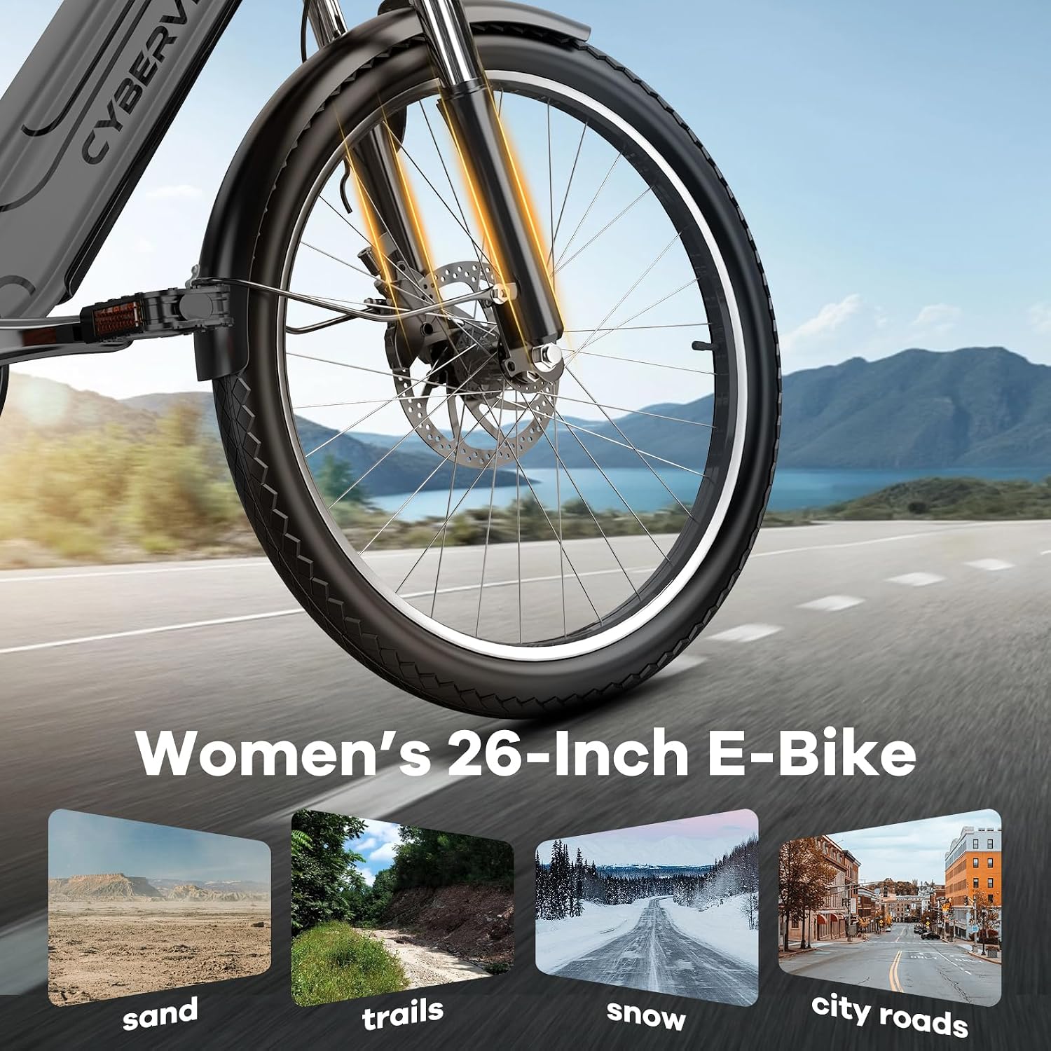 Cybervelo 750W Peak Electric Bike for Adults,up 80 Miles Removable Battery Ebike, 26' Electric E Bike with 7-Speed,Adult Electric Bicycles for Commute Beach Snow Womens/Man All Terrain