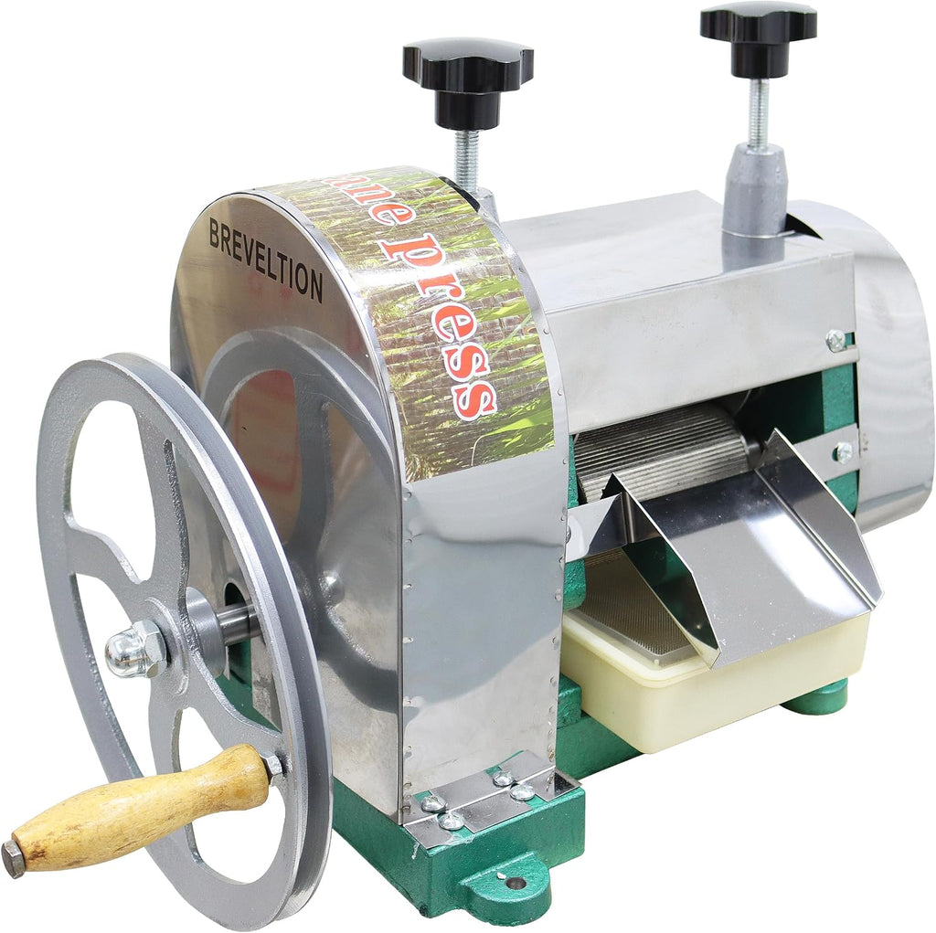 Manual Sugar Cane Press Juicer Machine, 3 Rolls Stainless Steel Sugarcane Crusher Grinder, W/2 Peeling Knives and Wooden Handle, for Sugarcane Ginger Sweet Sorghum