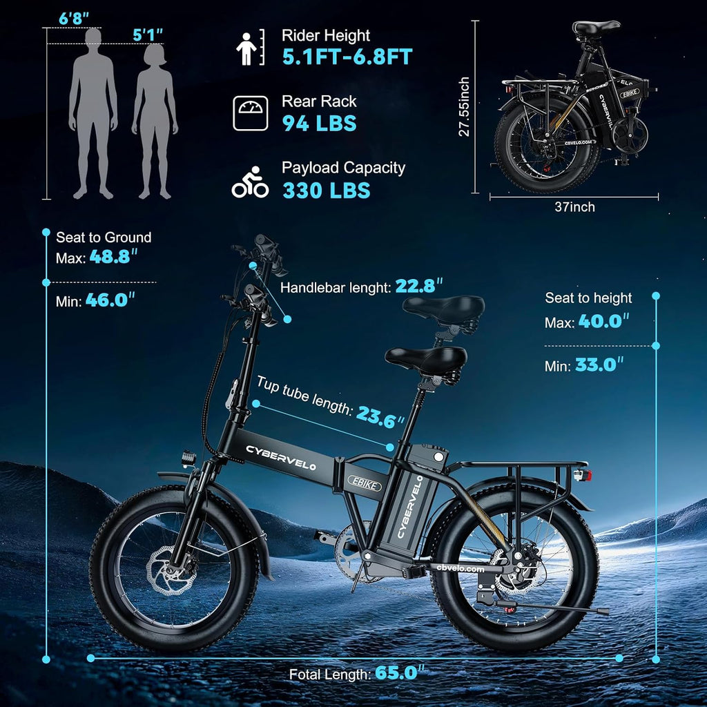 Cybervelo 750W Folding Electric Bike,48V 20AH Removable Battery EBike,20MPH,80 Miles Max Range Electric Bike for Adults, 20' Fat TireFoldable ebike, Adult Electric Bicycles