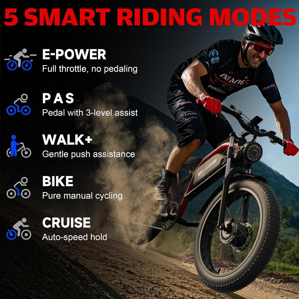 Electric Bike for Adults,5000W/3000W Peak Dual Motor ebike 35MPH E Bikes for Men Women,52V 32/23AH Battery, 80/100 Miles Range Ebike,26'Fat Tire Full Suspension E-Bike