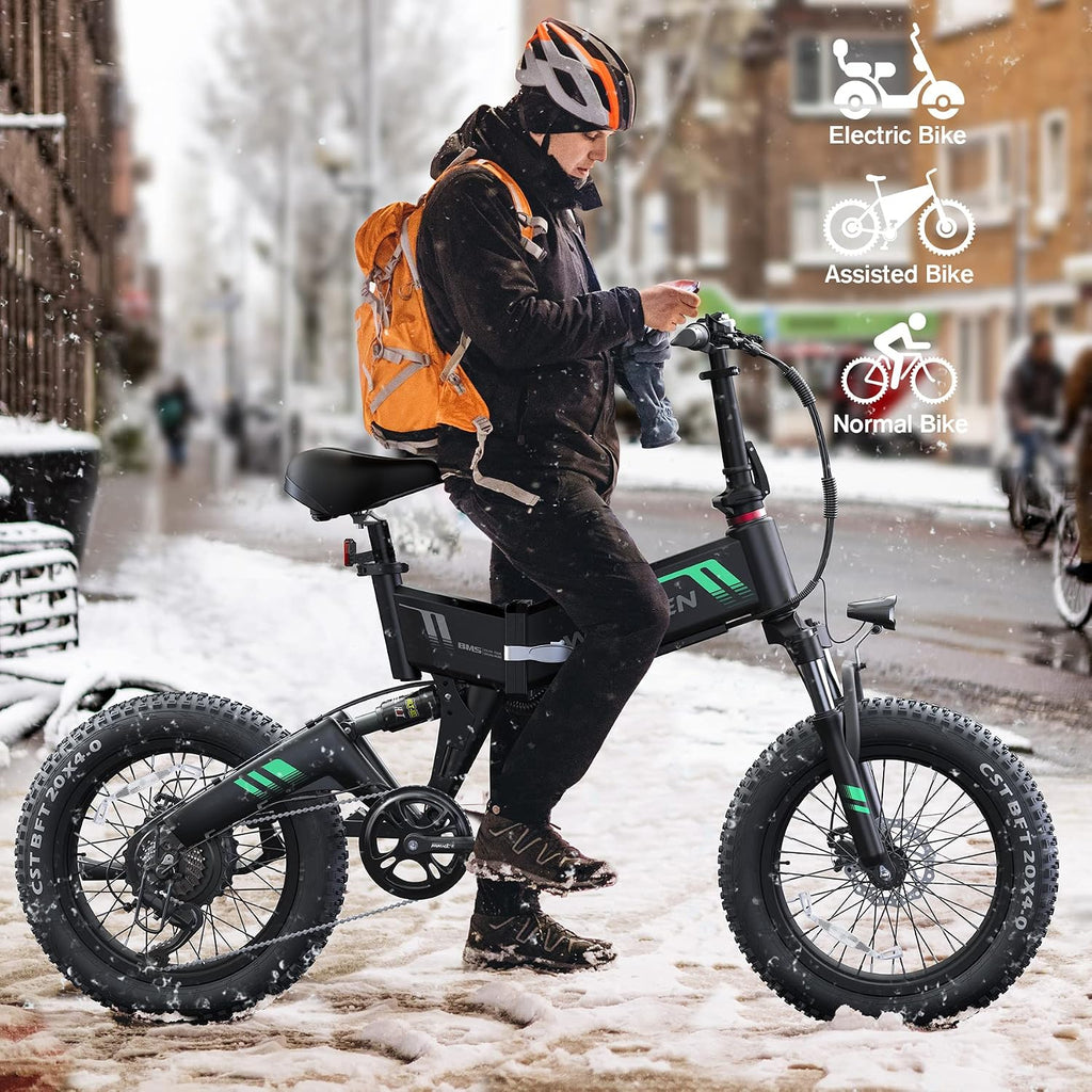 Wooken Electric Bike, 20''X4.0 Fat Tire Electric Bike for Adults, Peak 1000W Foldable Electric Bike with 48V 10Ah Battery,Professional 7 Speed,Shock Absorber, 20MPH Ebike for Mountain Beach Snow