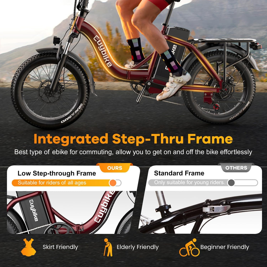 EUYBIKE Folding Electric Bike for Adults with Peak 1000W Motor, 48V 20AH Battery up to 80 Miles, 20' Fat Tire All Terrain Ebike, Front Suspension 7-Speed Commuter E Bike, Step-Thru, UL Certified