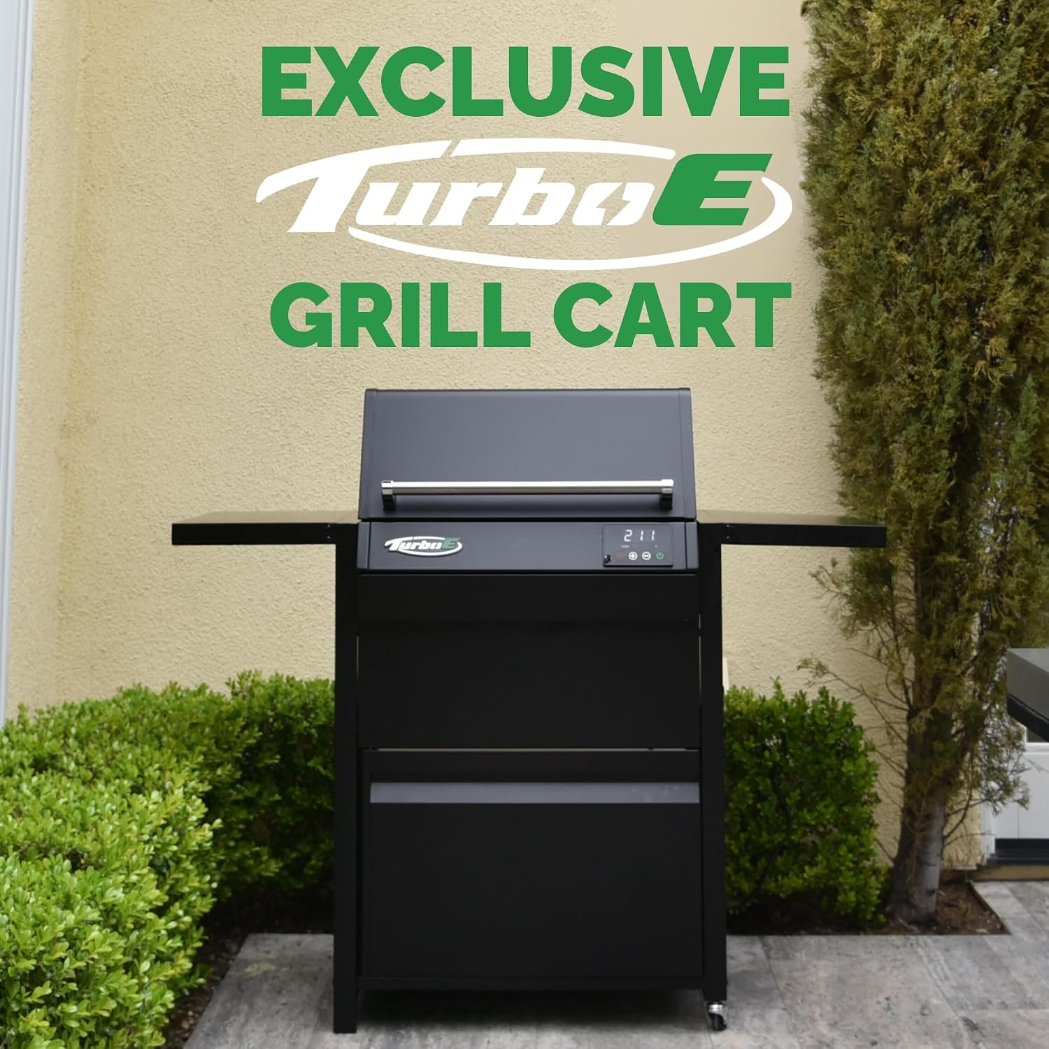 Turbo E Exclusive Grill Cart with Wheels - Spacious Side Shelves, Integrated Storage & Sleek Black Finish to Match Turbo E Outdoor Grills Seamlessly (Includes Weather-Resistant Grill Cover)