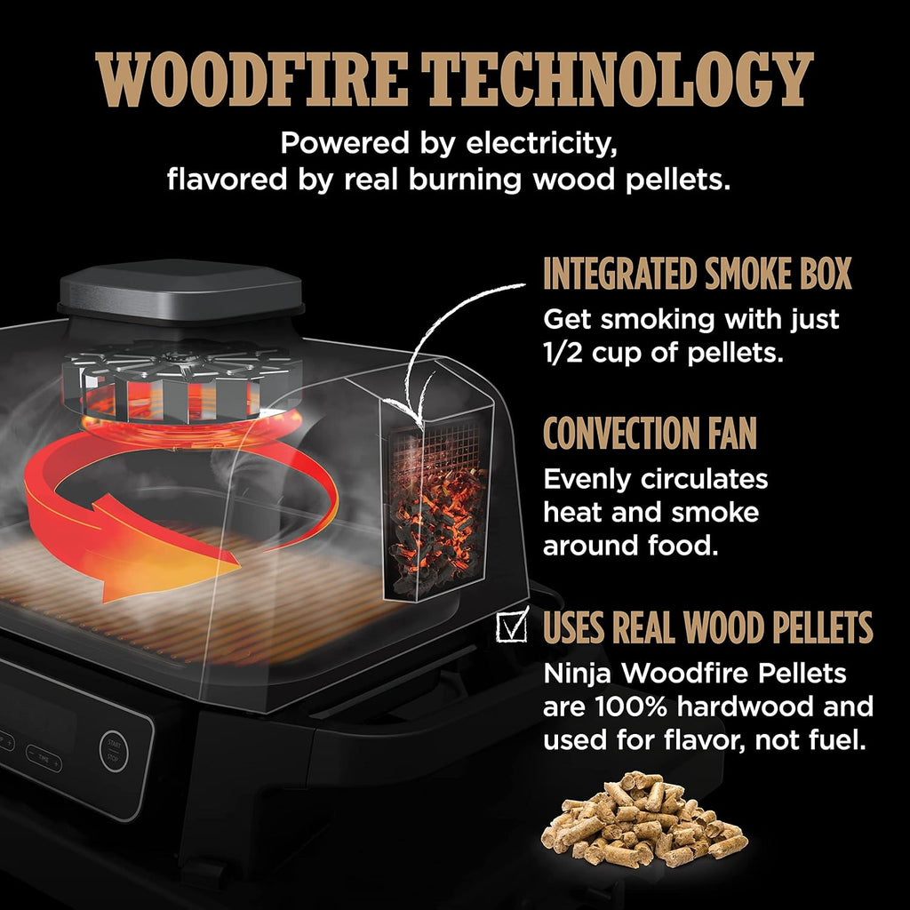 Ninja OG751 Woodfire Pro Outdoor Grill with Built-In Thermometer, 7-in-1 Master Grill, BBQ Smoker&Outdoor Air Fryer plus Bake,Roast, Dehydrate,&Broil,Woodfire Technology,with All Purpose Blend Pellets