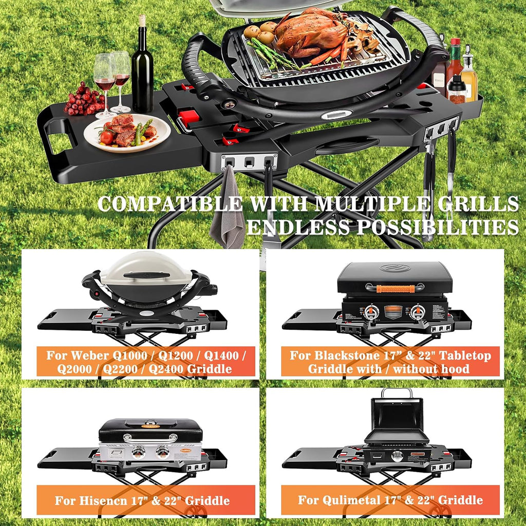 Hisencn Grill Stand for Weber Q1200, Q1000, Q2200, Q2400 Portable Grill Cart for Blackstone 17'& 22' Table Top Griddles, Outdoor BBQ Stand for Weber Q Series Gas Grills, for Travel and Camping