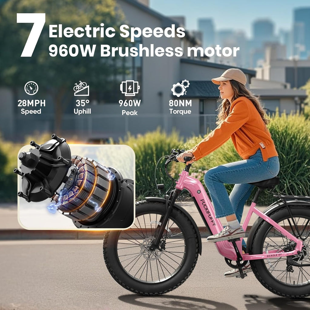 PUCKIPUPPY Electric Bike for Adults 960W, 26' Fat Tire, Step-Through Design Electric Mountain Hunting Bike, 48V 15AH Max 28MPH Off-Road Ebike with Rear Storage Shelf