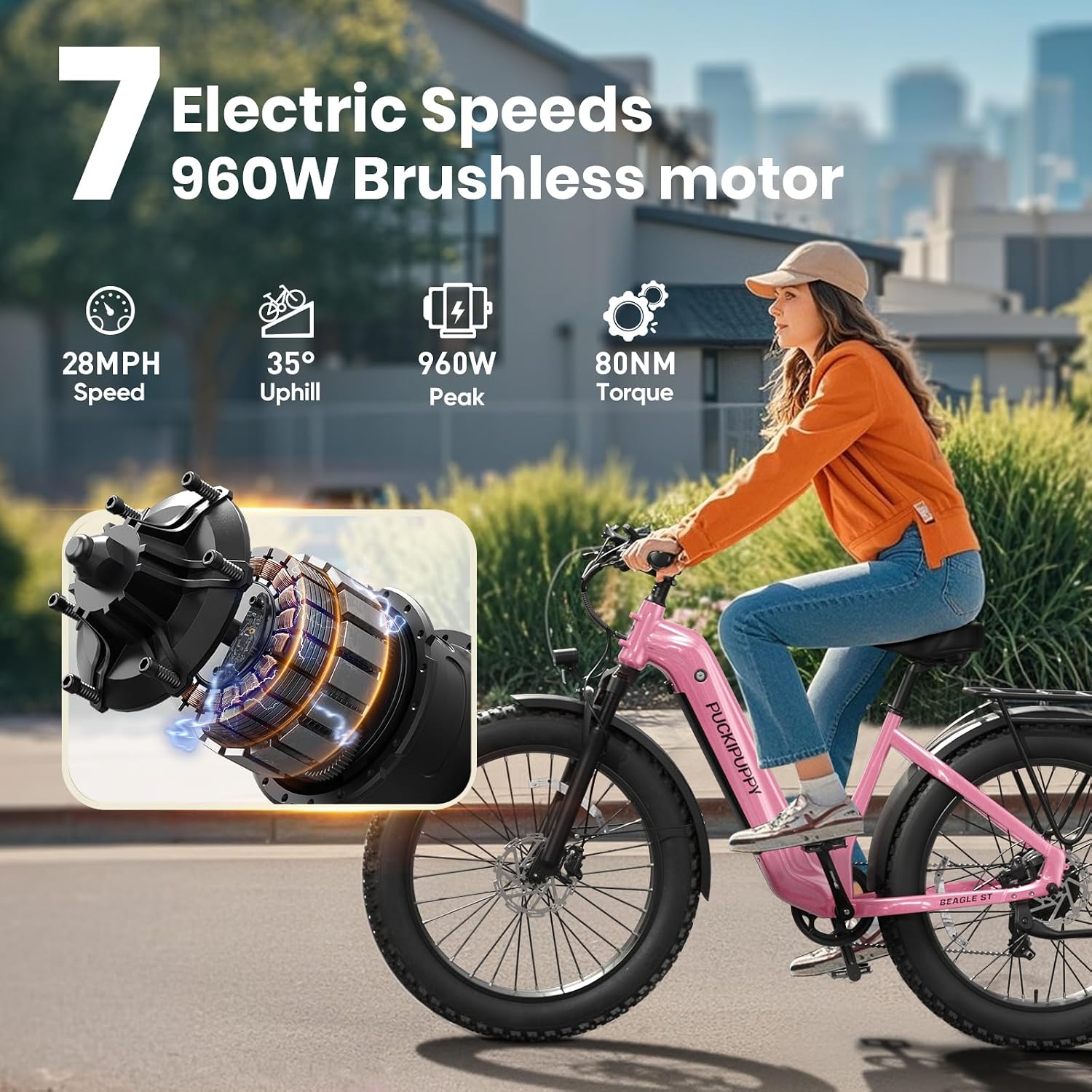 PUCKIPUPPY Electric Bike for Adults 960W, 26' Fat Tire, Step-Through Design Electric Mountain Hunting Bike, 48V 15AH Max 28MPH Off-Road Ebike with Rear Storage Shelf