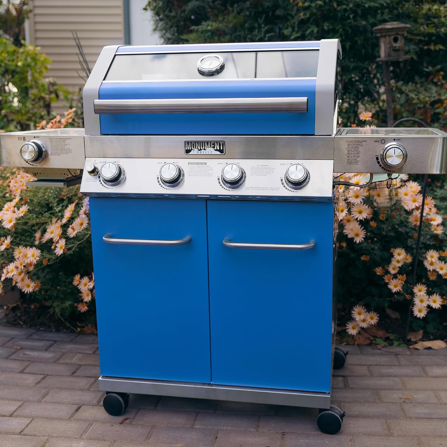 Monument Grills Larger 4+2 Burner Propane Gas Grills Stainless Steel Cabinet Style with Clearview® Lid, Knob Controls, Built-In Thermometer, Infrared Side Sear Burners & Side Burners, Blue