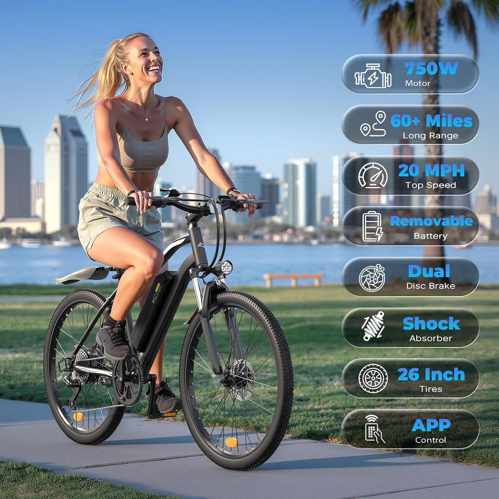 Electric Bike - 750W/1000W/1500W Motor Electric Bicycle, 20MPH, 55/70/80 Miles, Removable Battery, Shock Absorber, 5 Speed E Bike, 26' Tire Commuter Electric Bicycle for Adults