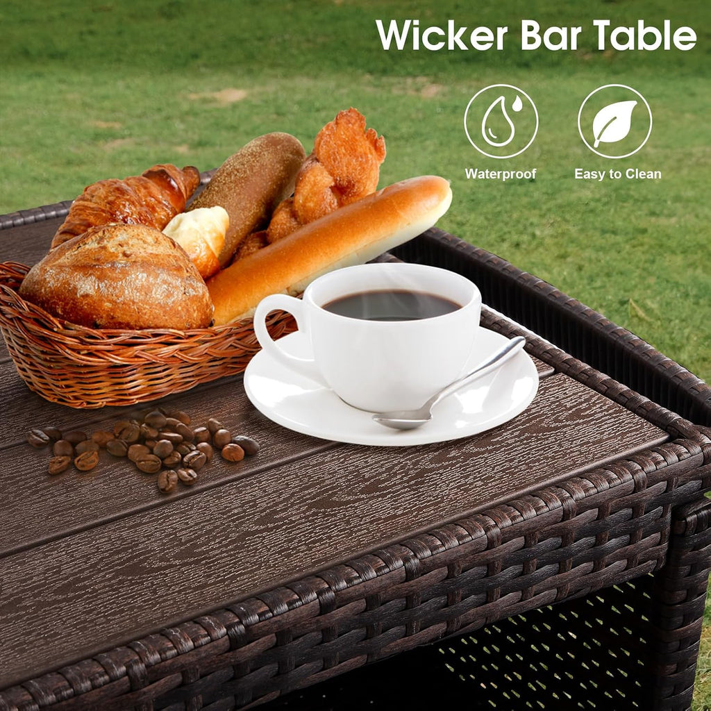 VINGLI Wicker Outdoor Bar Cart with Storage & Rolling Wheels, Patio Bar Table w/Shelf, Outdoor Storage Cabinet Buffet Cabinet Grill Cart for BBQ Pool Patio Kitchen, Brown