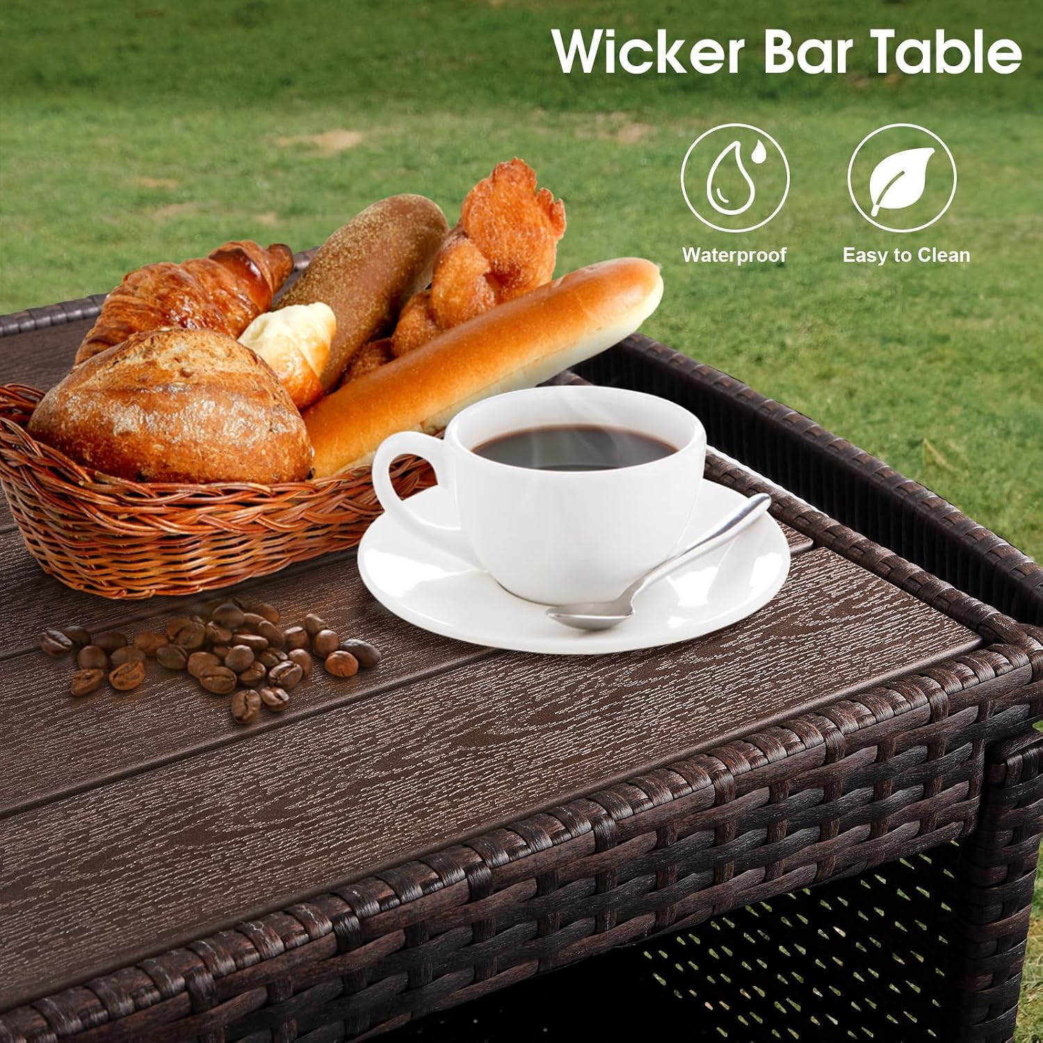 VINGLI Wicker Outdoor Bar Cart with Storage & Rolling Wheels, Patio Bar Table w/Shelf, Outdoor Storage Cabinet Buffet Cabinet Grill Cart for BBQ Pool Patio Kitchen, Brown