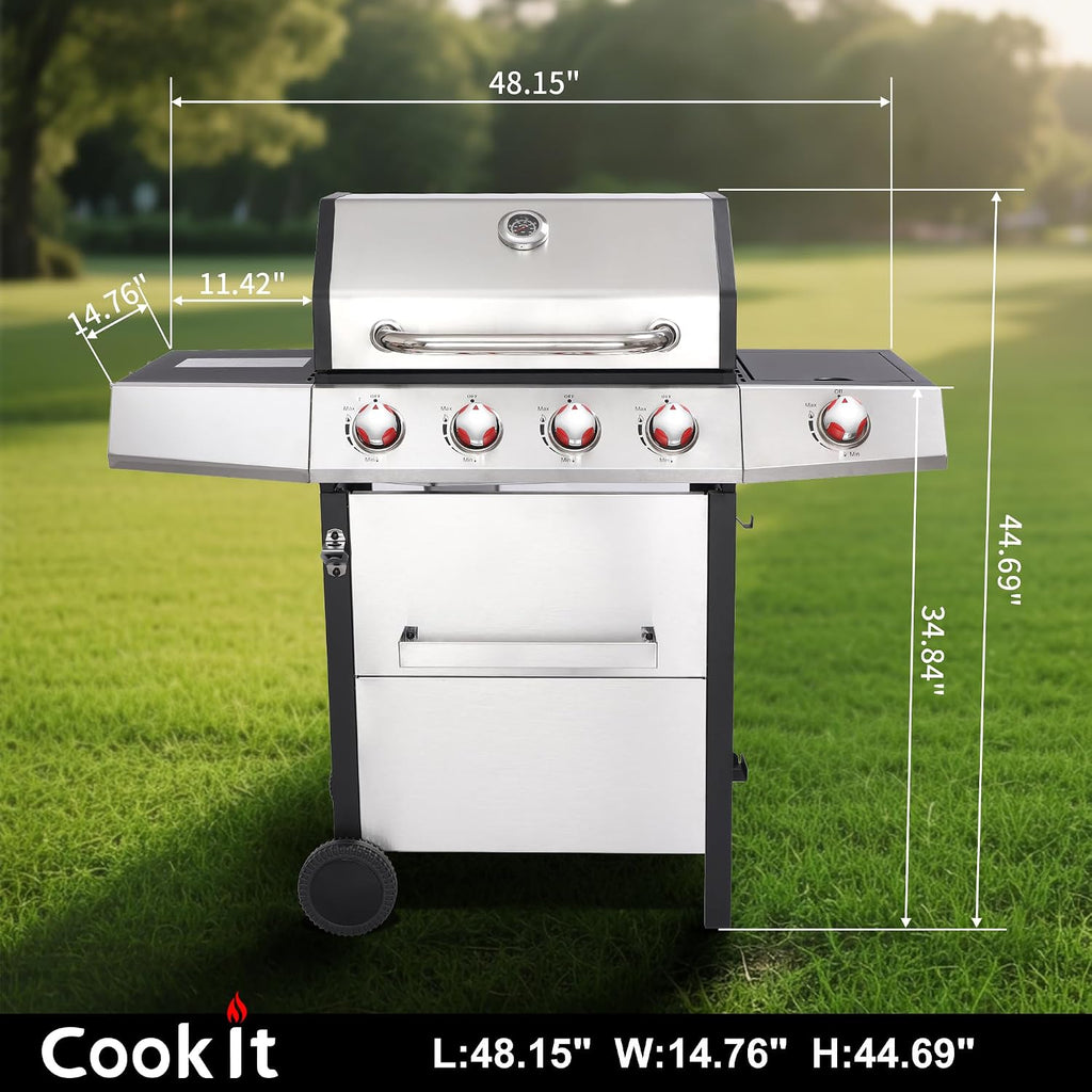 Cookit 4-Burner Gas Grill with Side Burner, 49,000 BTU Output - Double-layer Stainless Steel Grill Lid, Cast Iron Grates, Griddle & Charcoal Pan, Easy-Clean Grease Management for Perfect BBQs
