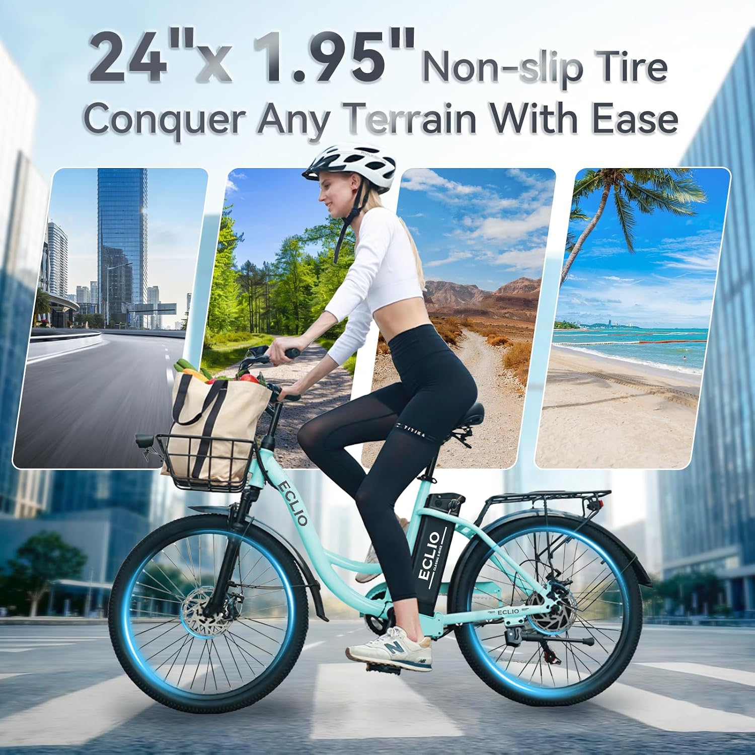 Electric Bike for Adults, Peak 700W Motor 20MPH, 374.4Ah Removable Battery 50Miles Ebike, 24'' Step Thru City Cruiser E Bike,7-Speed,Full Suspension,Front Basket, Full Suspension,UL 2849 Standard