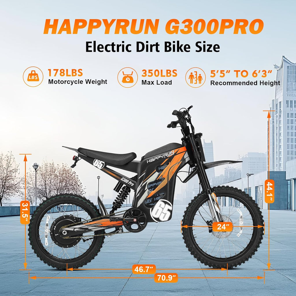 HAPPYRUN G300 Pro Electric Dirt Bike for Adults, 72V 30Ah Battery, 6500W Motor, 50 MPH Speed, 70 Mile Range, 350 Lbs Load Capacity, Hydraulic Brakes