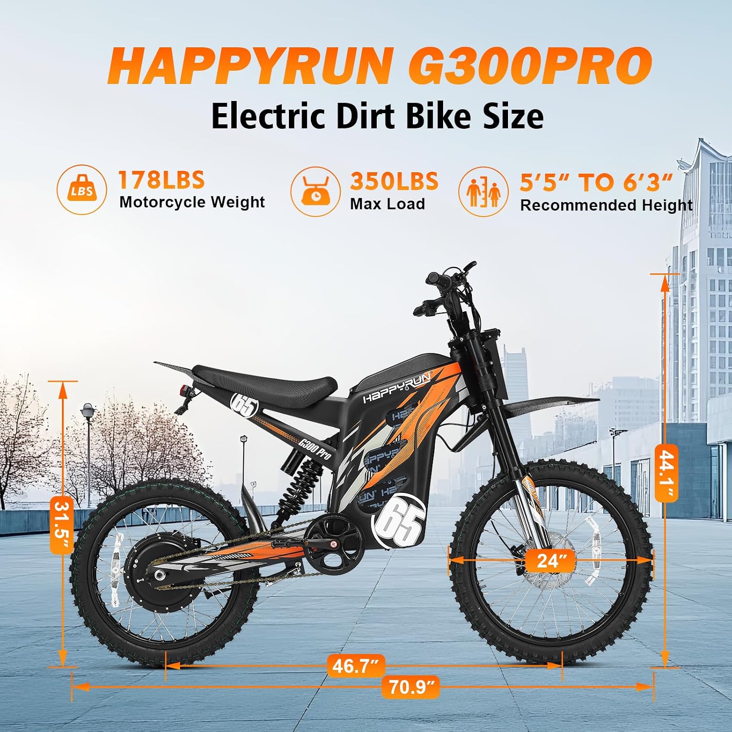 HAPPYRUN G300 Pro Electric Dirt Bike for Adults, 72V 30Ah Battery, 6500W Motor, 50 MPH Speed, 70 Mile Range, 350 Lbs Load Capacity, Hydraulic Brakes