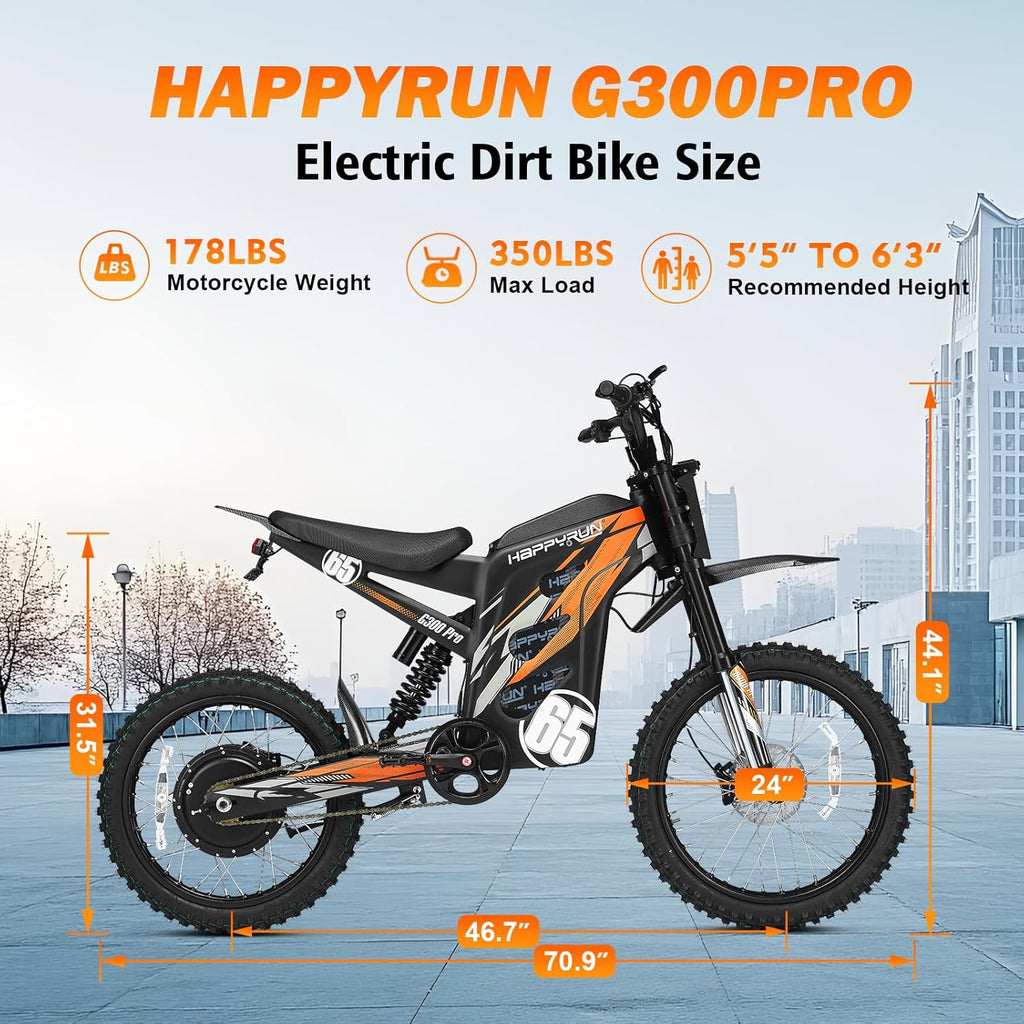 HAPPYRUN G300 Pro Electric Dirt Bike for Adults, 72V 30Ah Battery, 6500W Motor, 50 MPH Speed, 70 Mile Range, 350 Lbs Load Capacity, Hydraulic Brakes