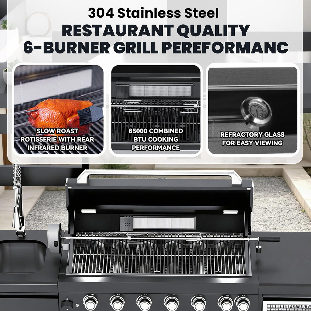 108-Inch 6-Burner 85000 BTU Propane Gas Grill Island with Shed, 304 Stainless Steel Black, 684 Sq.In Cooking Area, Wine Cooler, Rotisserie & Granite Countertops for Backyard BBQ, Black