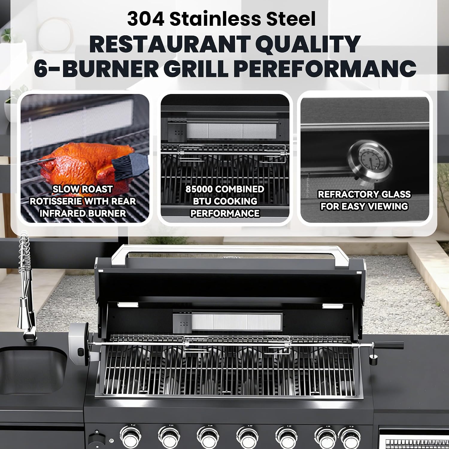 108-Inch 6-Burner 85000 BTU Propane Gas Grill Island with Shed, 304 Stainless Steel Black, 684 Sq.In Cooking Area, Wine Cooler, Rotisserie & Granite Countertops for Backyard BBQ, Black