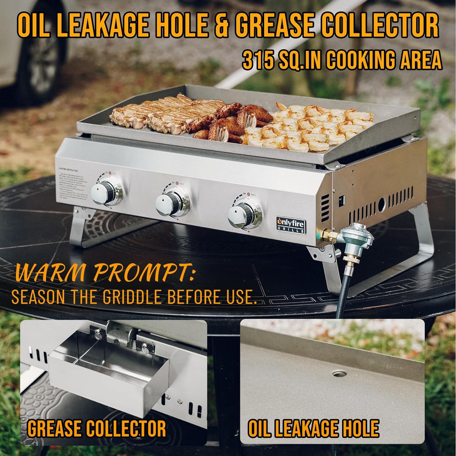 ONLYFIRE GRILLS Tabletop Gas Griddle 3-Burner, Portable Propane Gas Flat Top Griddle 315 SQ.IN Cooking Area, Outdoor Barbecue Stove for Patio BBQ Camping Tailgating RV, Stainless Steel, Classic GS311